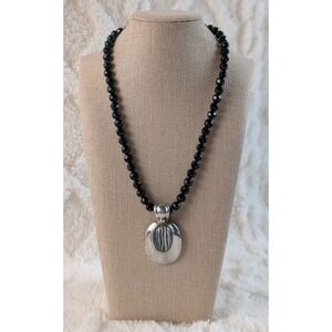 Vintage Best Signed Pendant Necklace Black Bead Zebra Stone‎ Silver Tone